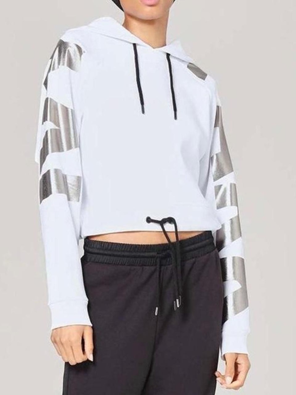 IVY PARK Logo Sleeve Cropped White Hoodie with Metallic Sleeve Stripes